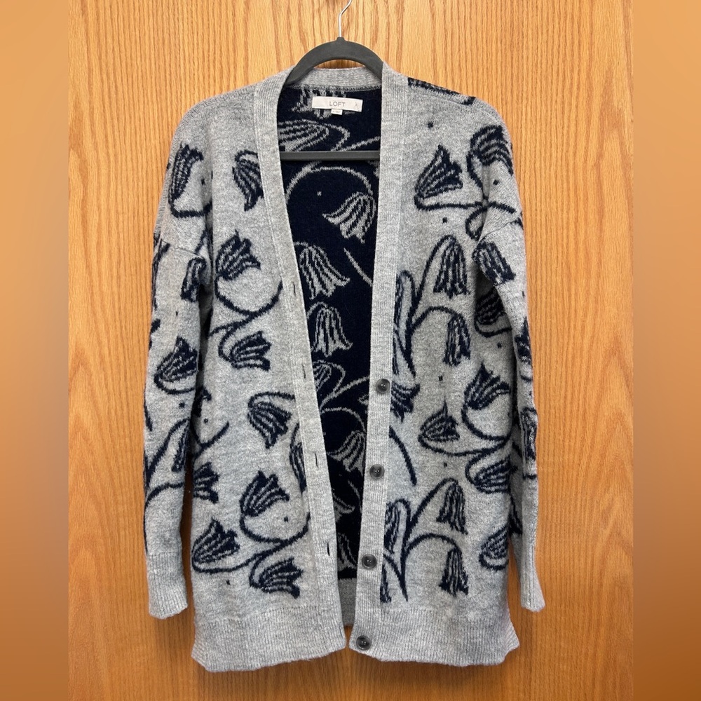 LOFT Gray Cardigan with Navy Floral Jacquard